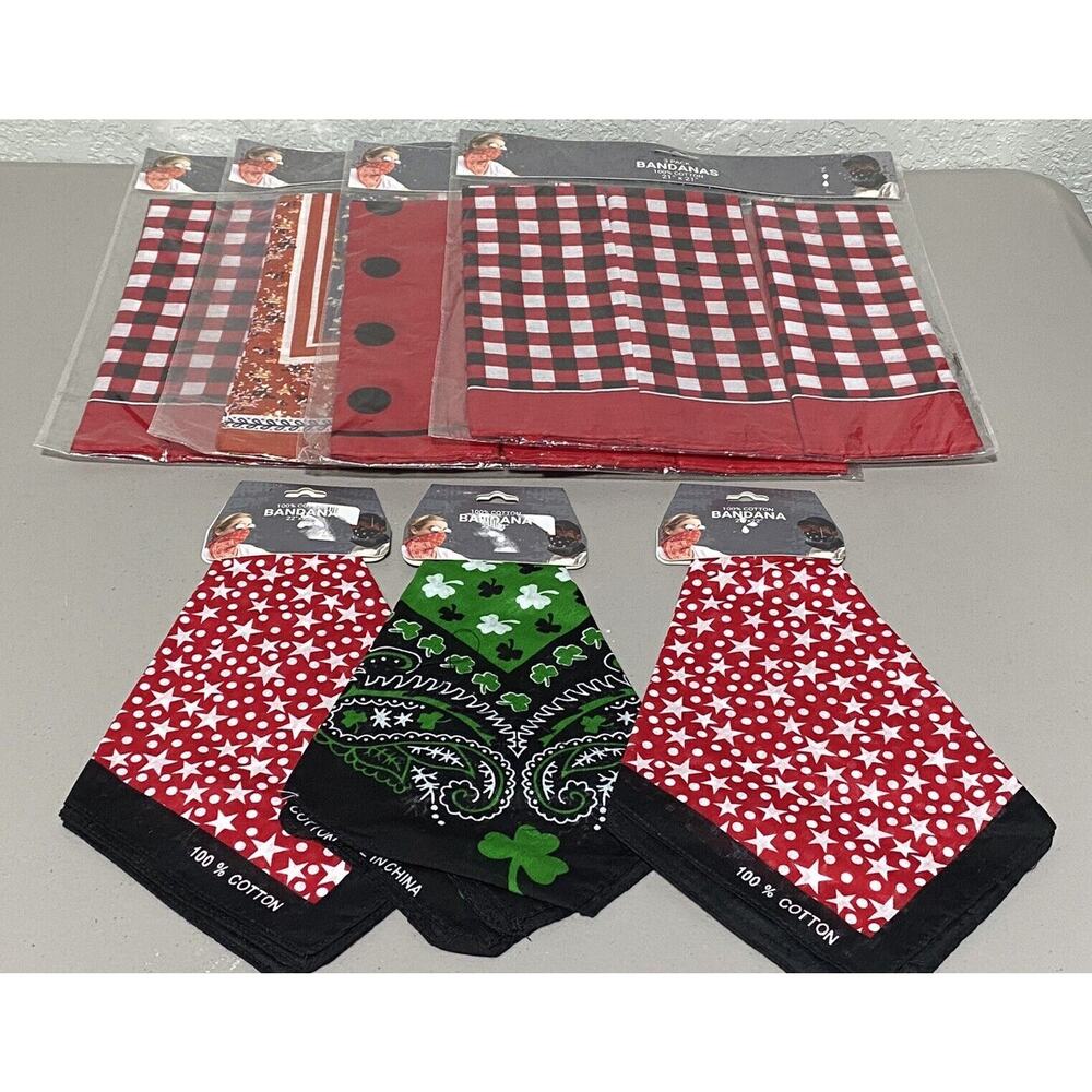 Lot of 15 Bandanas 100% Cotton Red Black Checkered Dots Floral‎ Clover Stars 21”